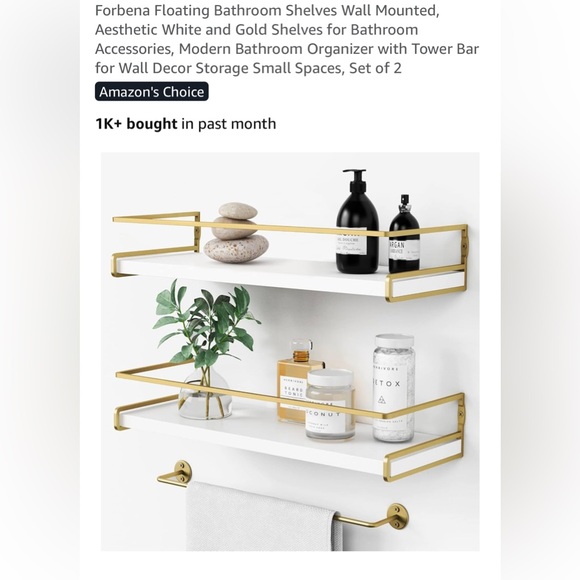 Bathroom Floating Shelves Wall Mounted, Aesthetic White and Gold Set of 2 - Picture 1 of 1
